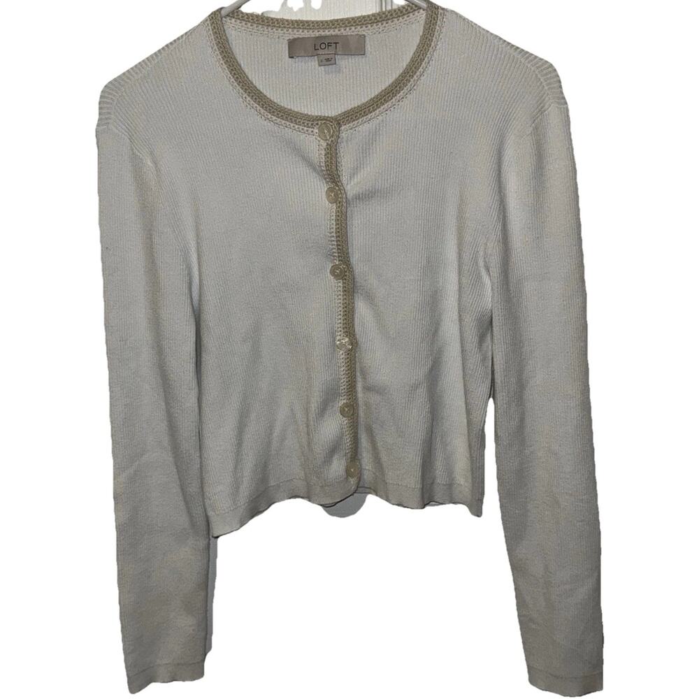 Loft White Ribbed Crewneck Cardigan With Accent Trim Sweater Size L